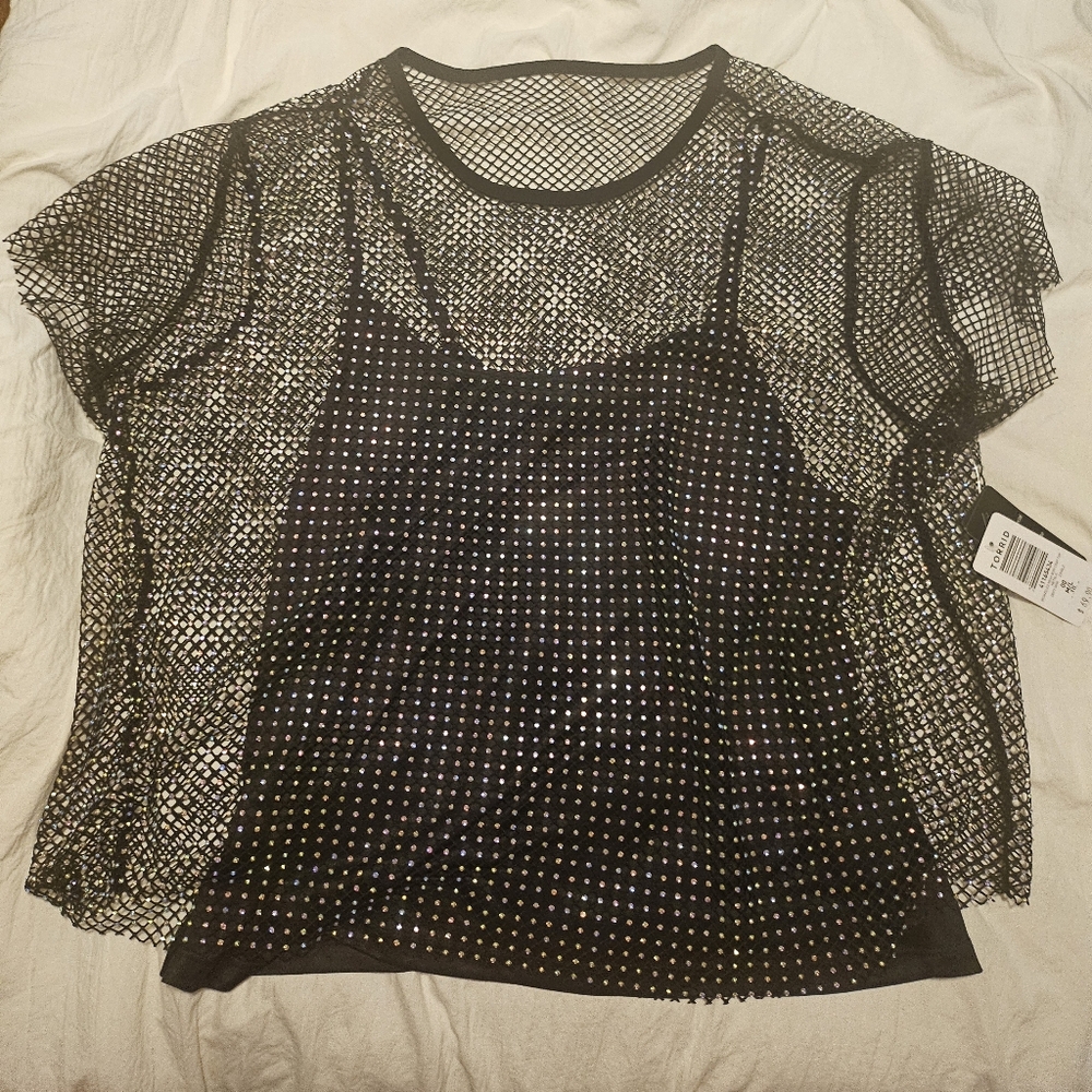 Torrid Rhinestone fun and classy black top NWT twofer mesh style - Picture 4 of 4